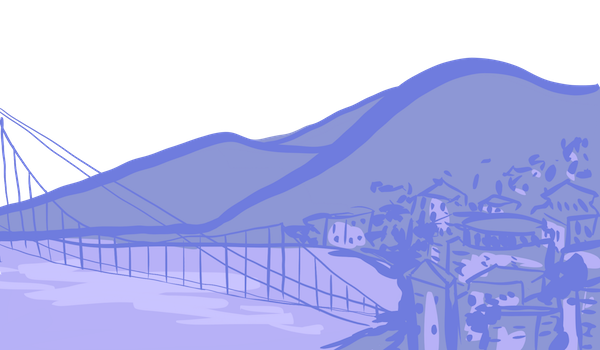 A sketch of the Oakland hills and bridge in purple